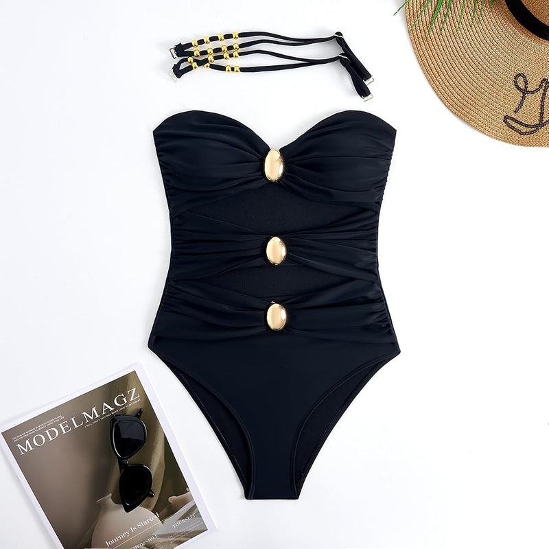 Traje de baño con escote y detalles dorados