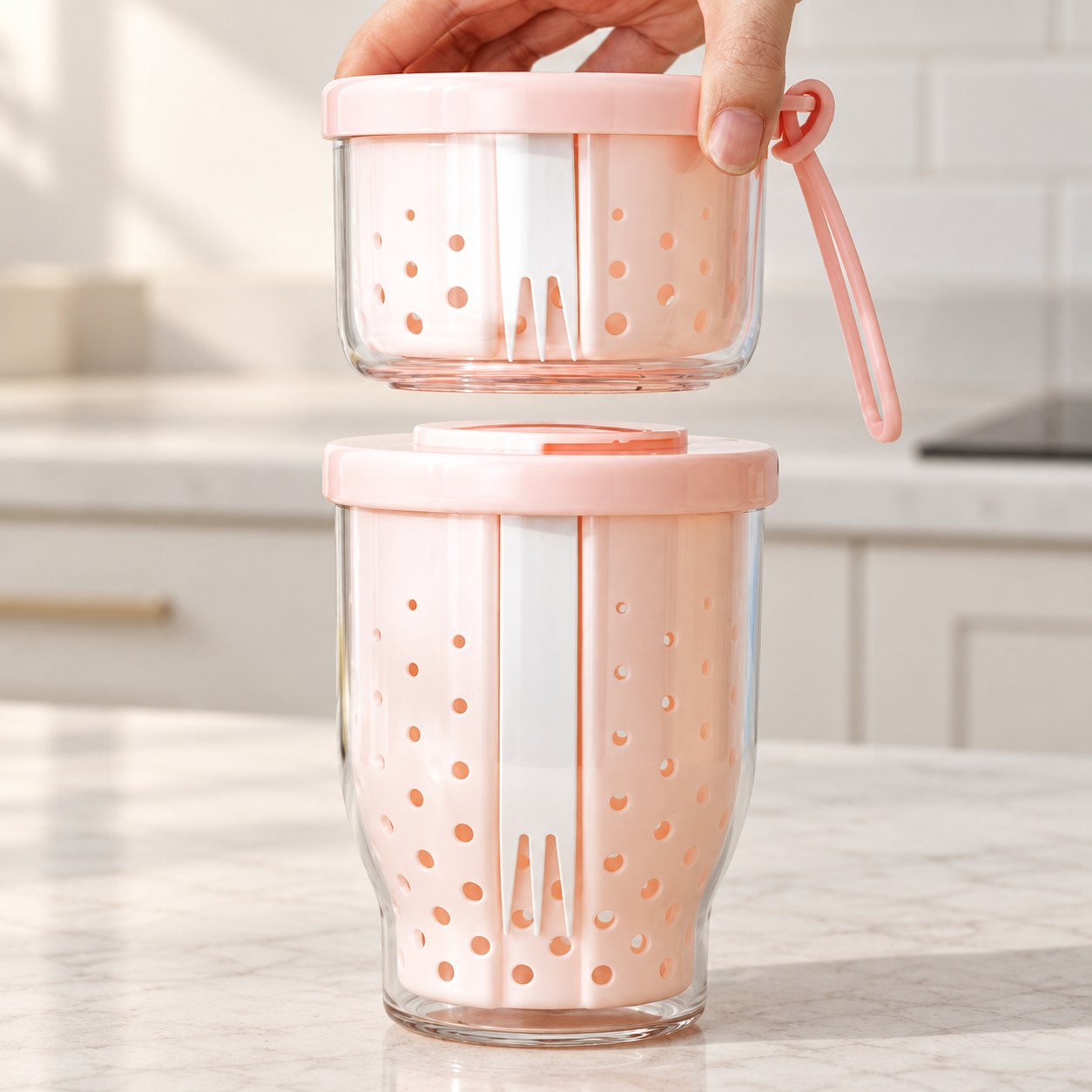 Set de recipiente pequeño y mediano con escurridor y cubiertos