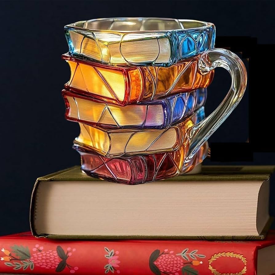 Taza de vidrio en forma de libros apilados