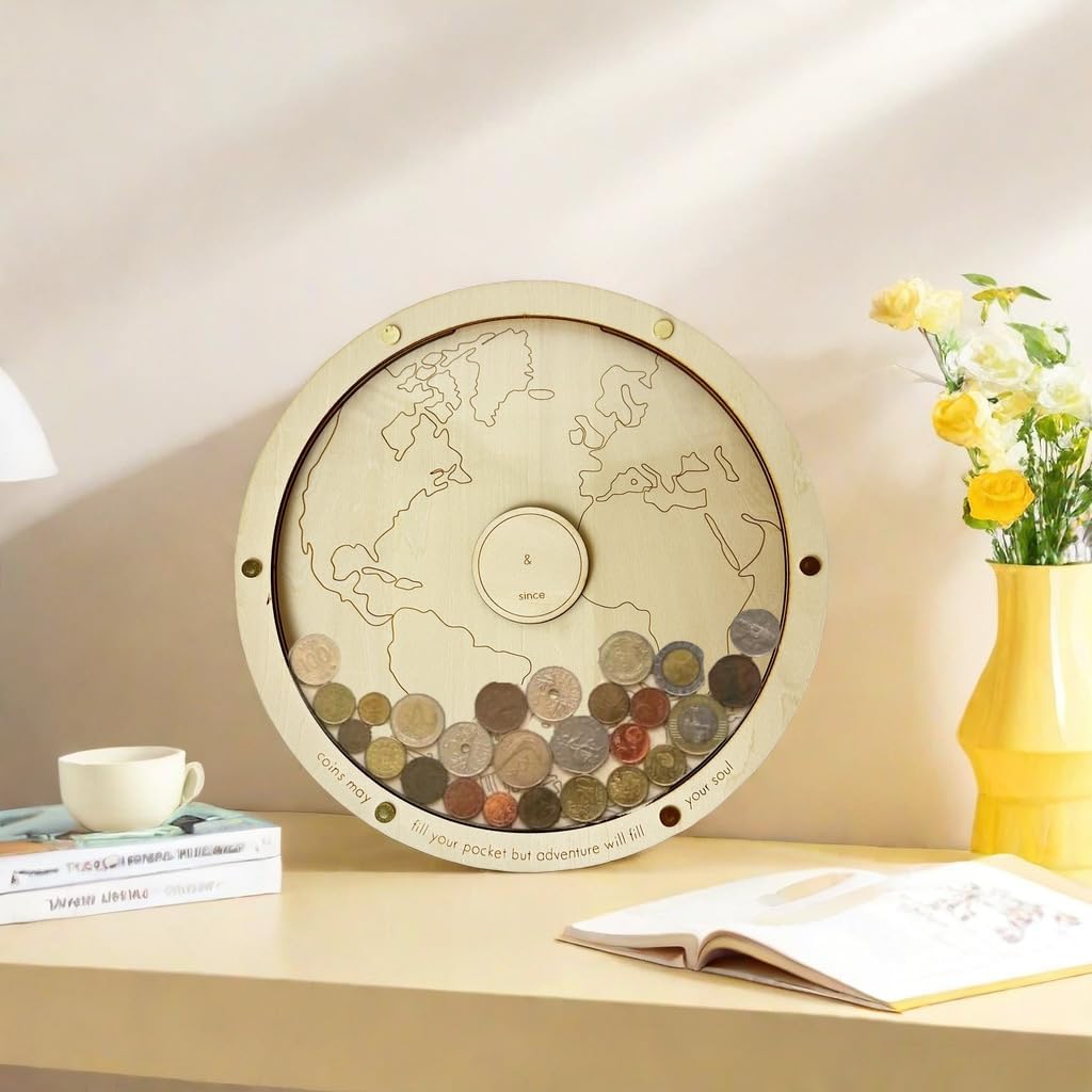 Marco de madera para guardar monedas de viaje