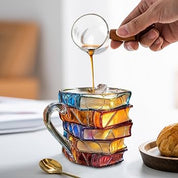 Taza de vidrio en forma de libros apilados