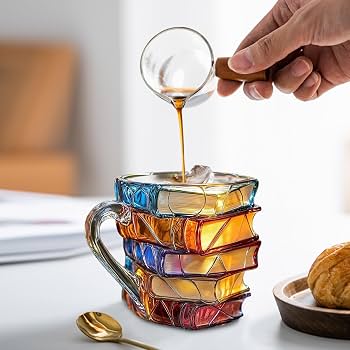 Taza de vidrio en forma de libros apilados