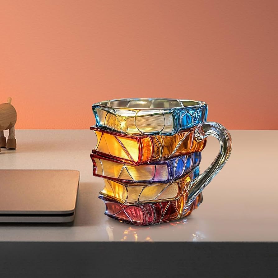 Taza de vidrio en forma de libros apilados