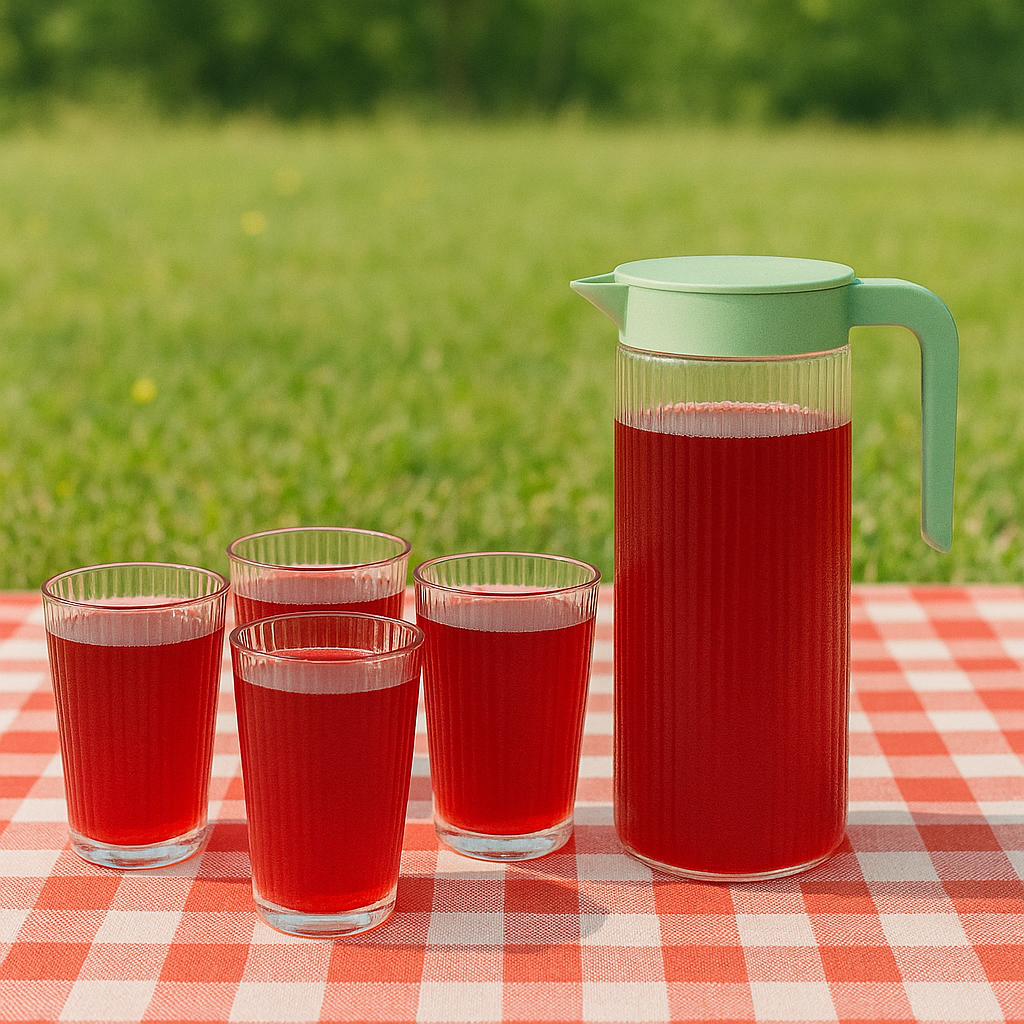 Juego de jarra con 4 vasos de vidrio acanalado
