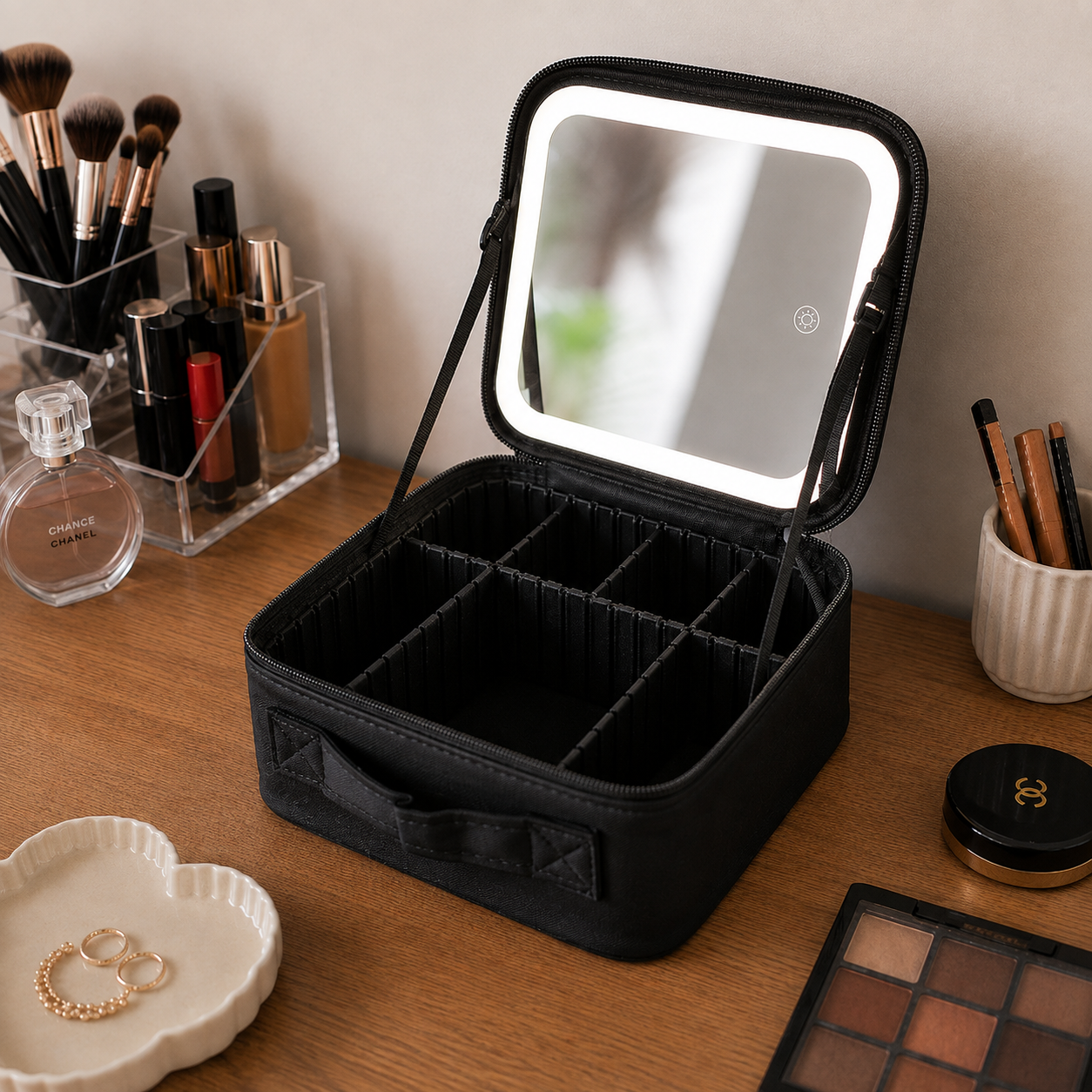 Cosmetiquera con espejo LED y divisiones ajustables