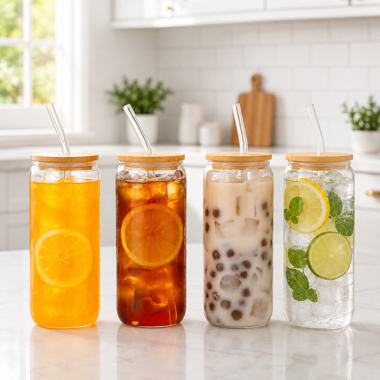 Set de 4 vasos de vidrio con tapa de bambú