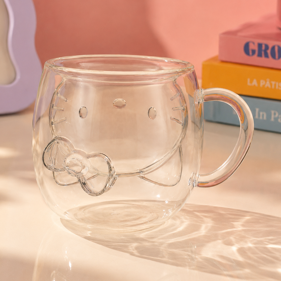 Taza de vidrio de doble pared con diseño de Hello Kitty