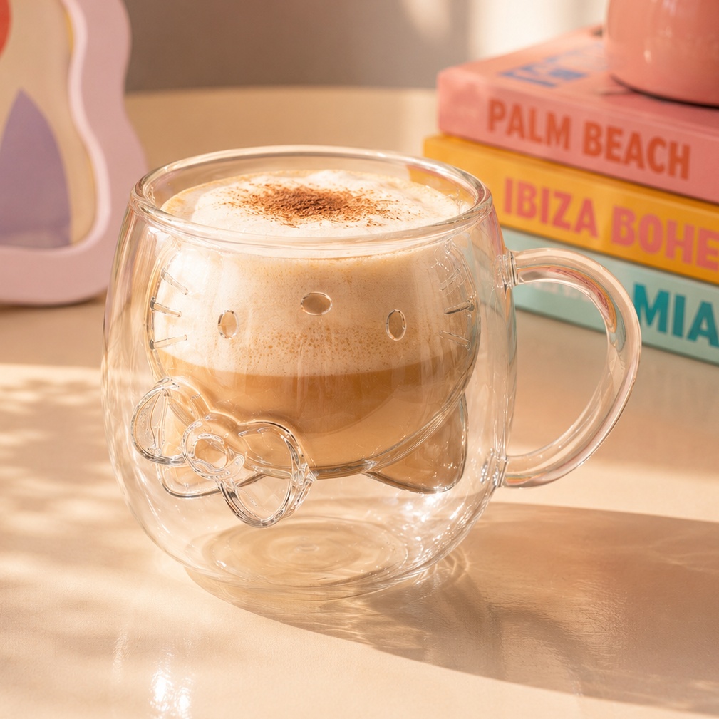 Taza de vidrio de doble pared con diseño de Hello Kitty