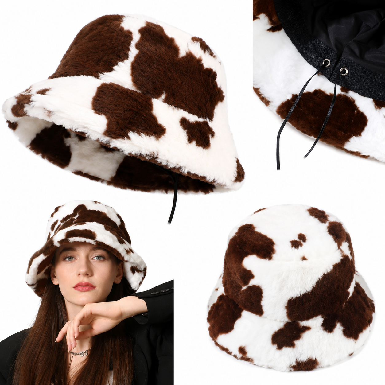 Bucket hat de peluche con estampado de vaca