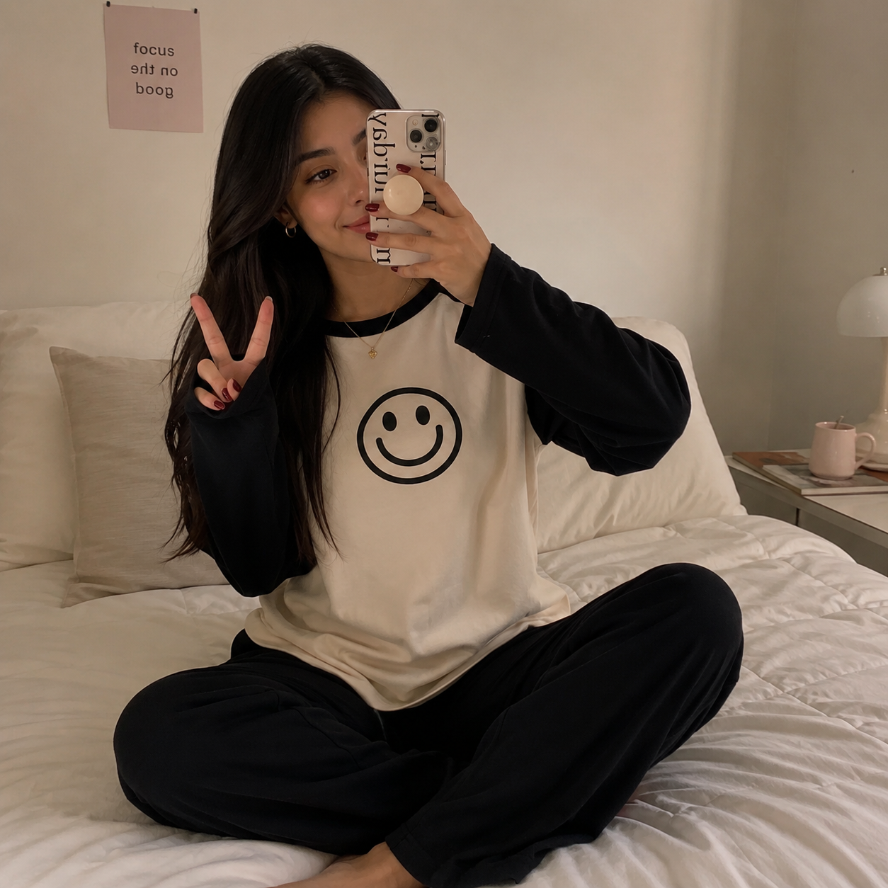 Pijama de 2 piezas de manga larga con carita feliz