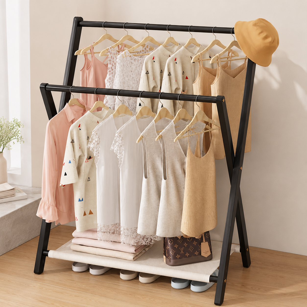 Perchero de piso para ropa con estante inferior