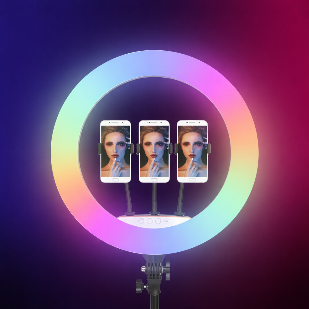 Aro de Luz LED RGB con 3 soportes para celular y trípode