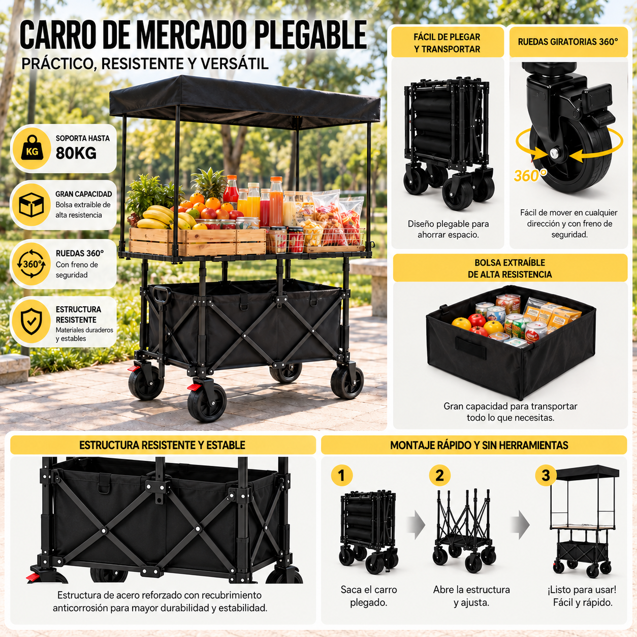 Carrito plegable con techo y mesa