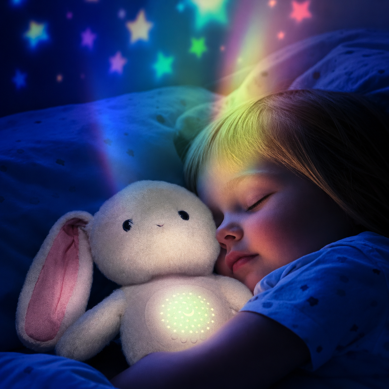 Conejo de peluche con luz nocturna y música