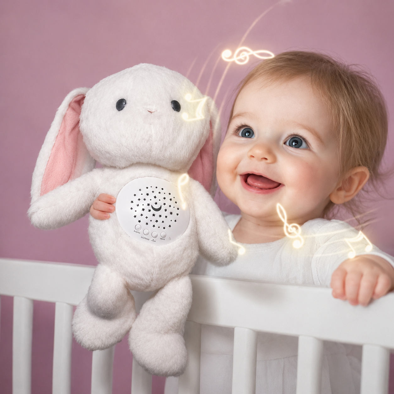 Conejo de peluche con luz nocturna y música