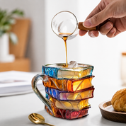 Taza de vidrio en forma de libros apilados