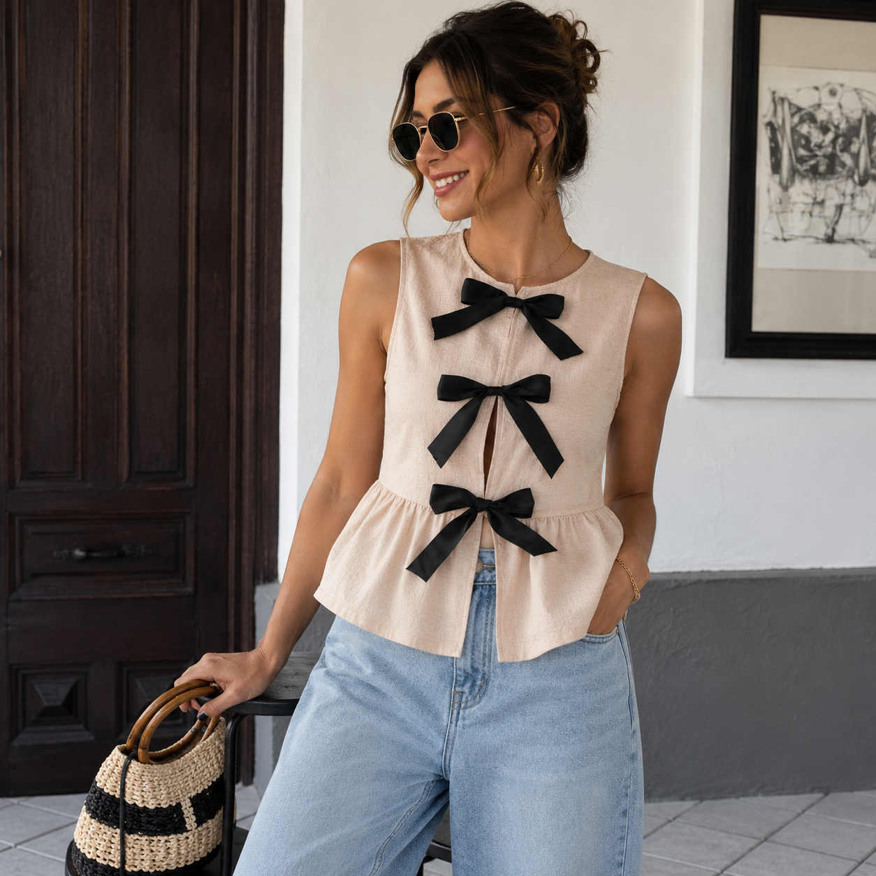 Blusa casual sin mangas con moños