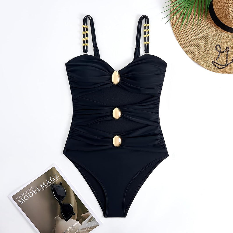 Traje de baño con escote y detalles dorados