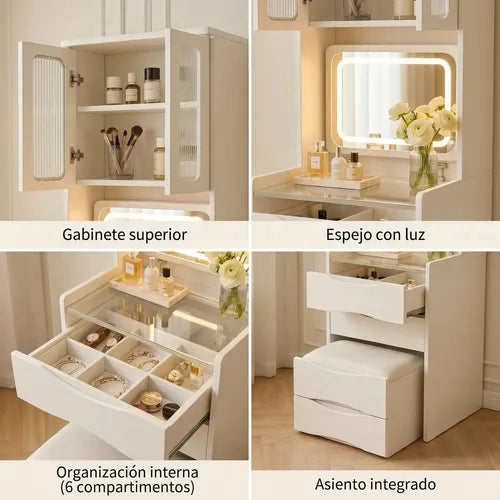 Vanity de maquillaje con espejo iluminado y gabinete