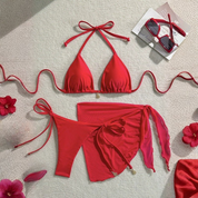 Traje de baño rojo 3 piezas con falda y top triángulo - Dressygt