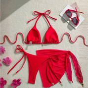 Traje de baño rojo 3 piezas con falda y top triángulo - Dressygt
