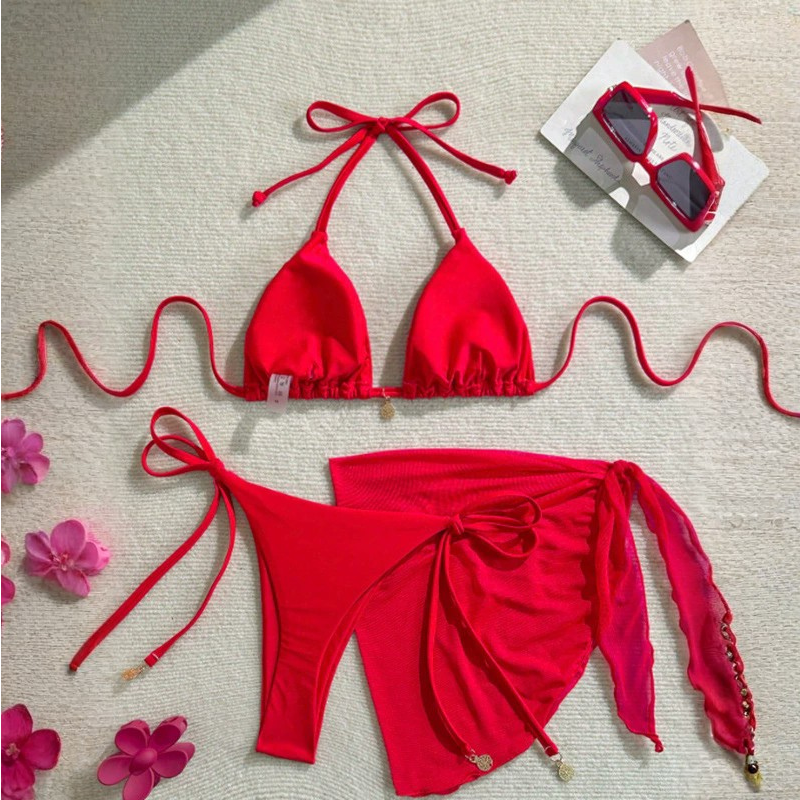 Traje de baño rojo 3 piezas con falda y top triángulo - Dressygt