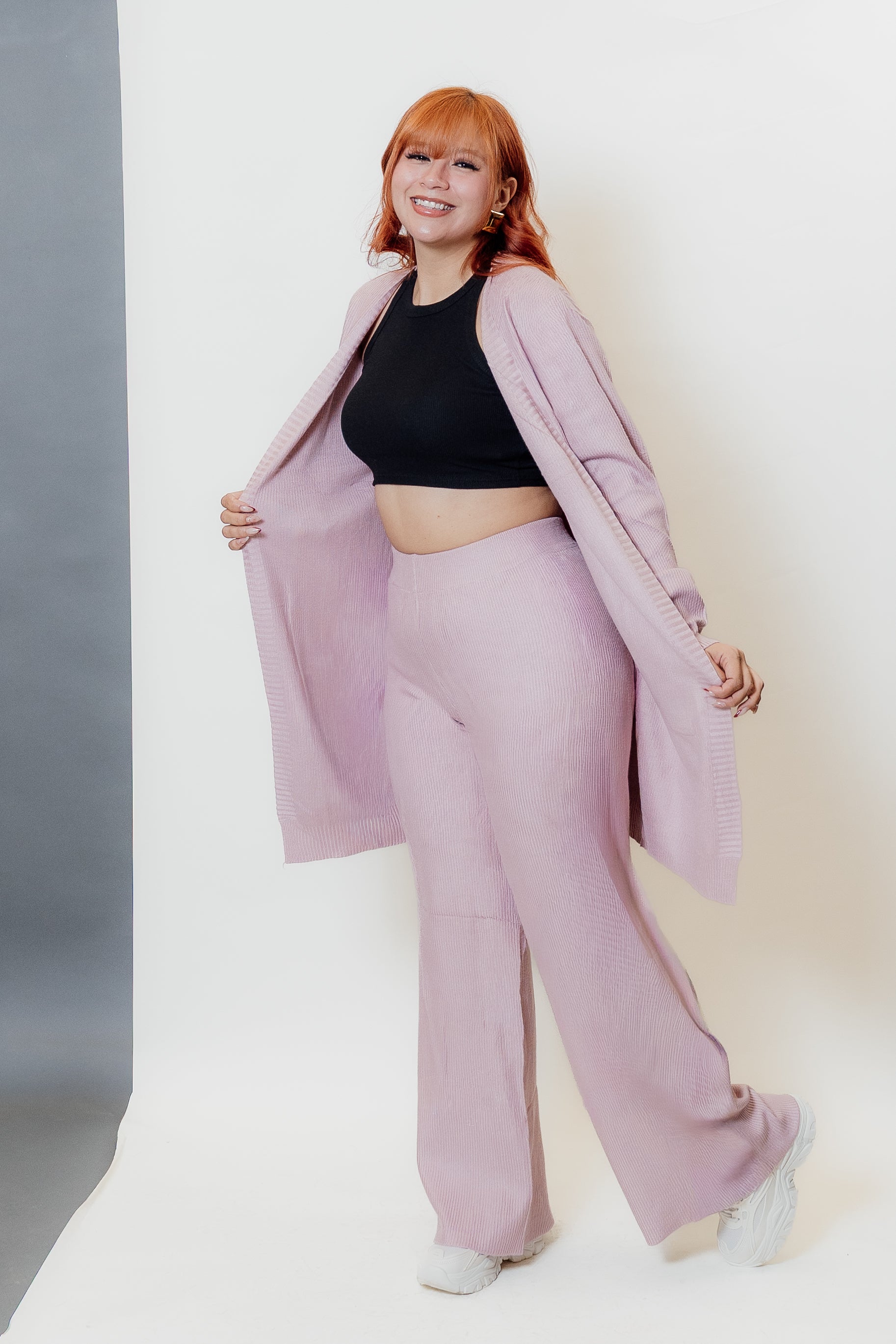 Conjunto de dos piezas con cárdigan largo y palazzo