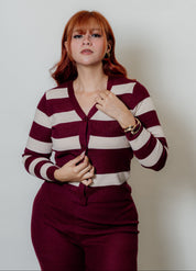 Conjunto de dos piezas rayado con cárdigan manga larga y palazzo