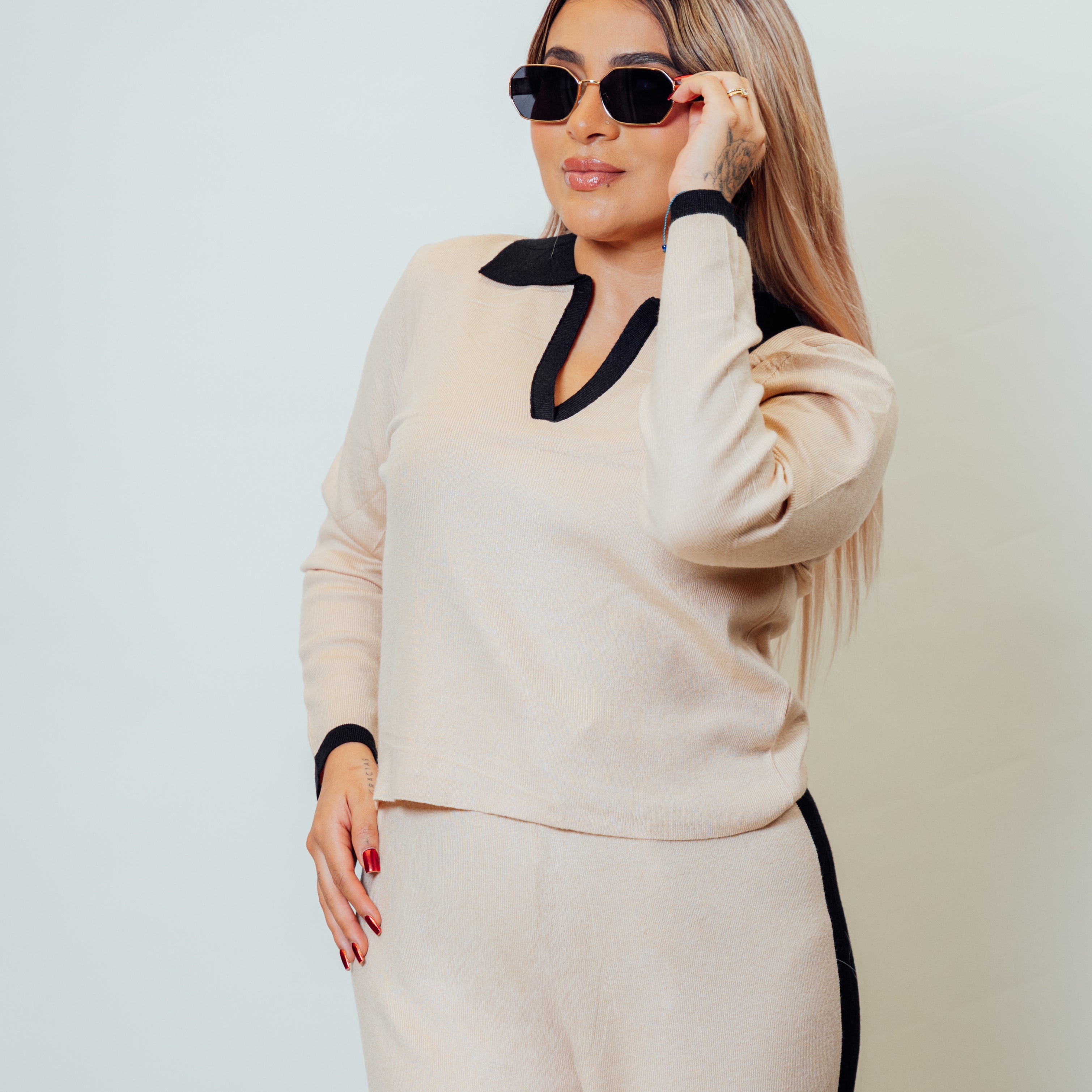 Conjunto de dos piezas cuello tipo polo manga larga