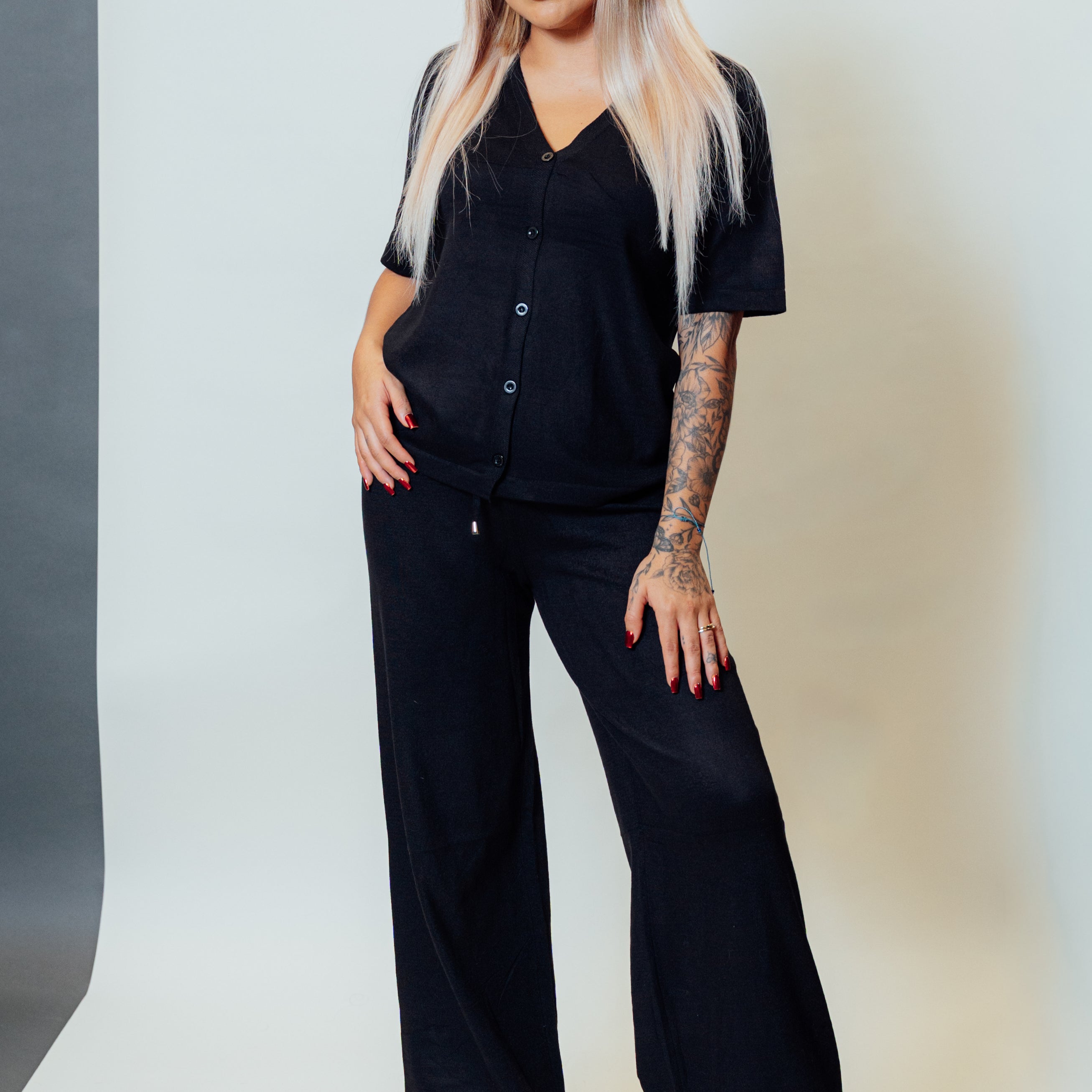 Conjunto de dos piezas con cárdigan manga corta