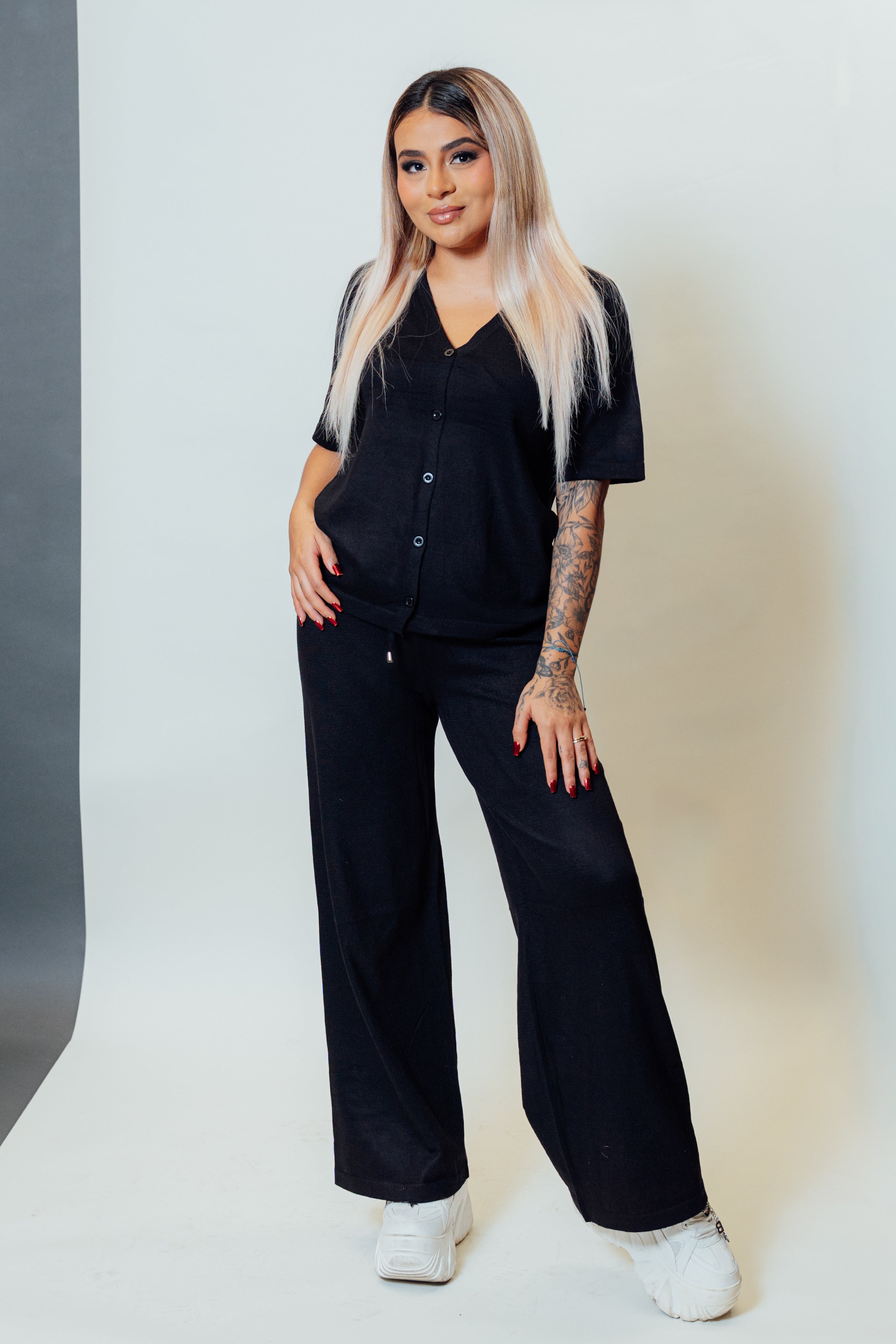 Conjunto de dos piezas con cárdigan manga corta