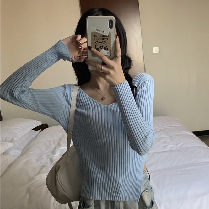 Blusa acanalada manga larga con cuello en V - Dressygt