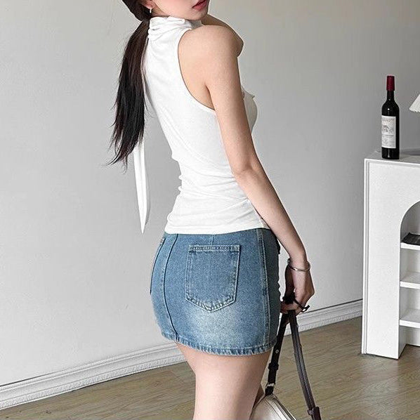 Blusa sin mangas con bufanda decorativa - Dressygt