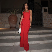 Vestido largo rojo halter con volantes