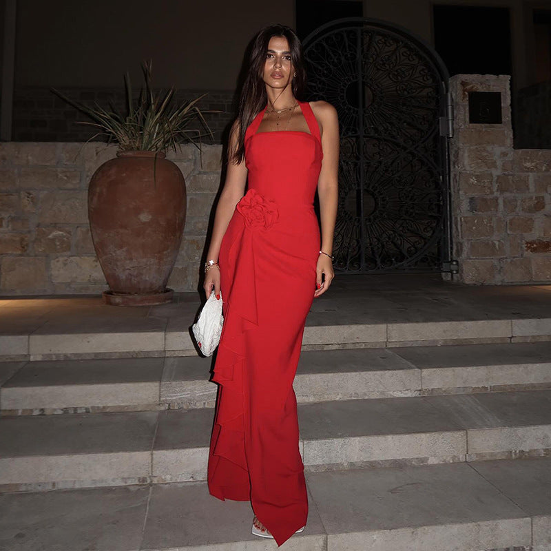 Vestido largo rojo halter con volantes