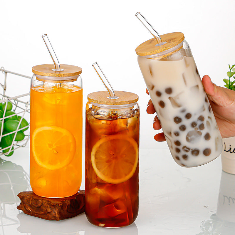 Set de 4 vasos de vidrio con tapa de bambú