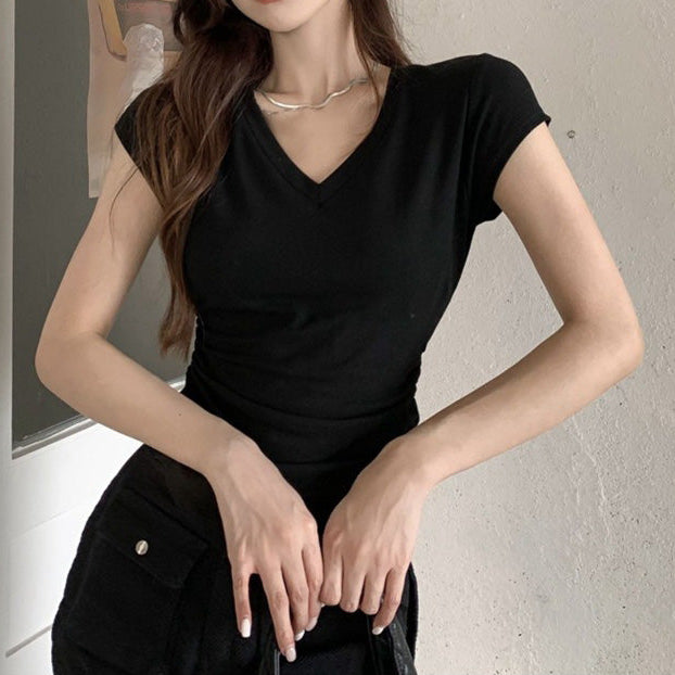 Blusa con cuello V y cintura fruncida - Dressygt