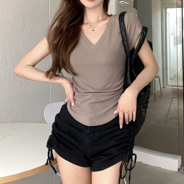 Blusa con cuello V y cintura fruncida - Dressygt