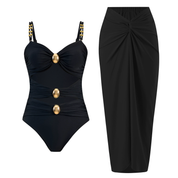 traje de baño con detalles dorados y falda larga - Dressygt