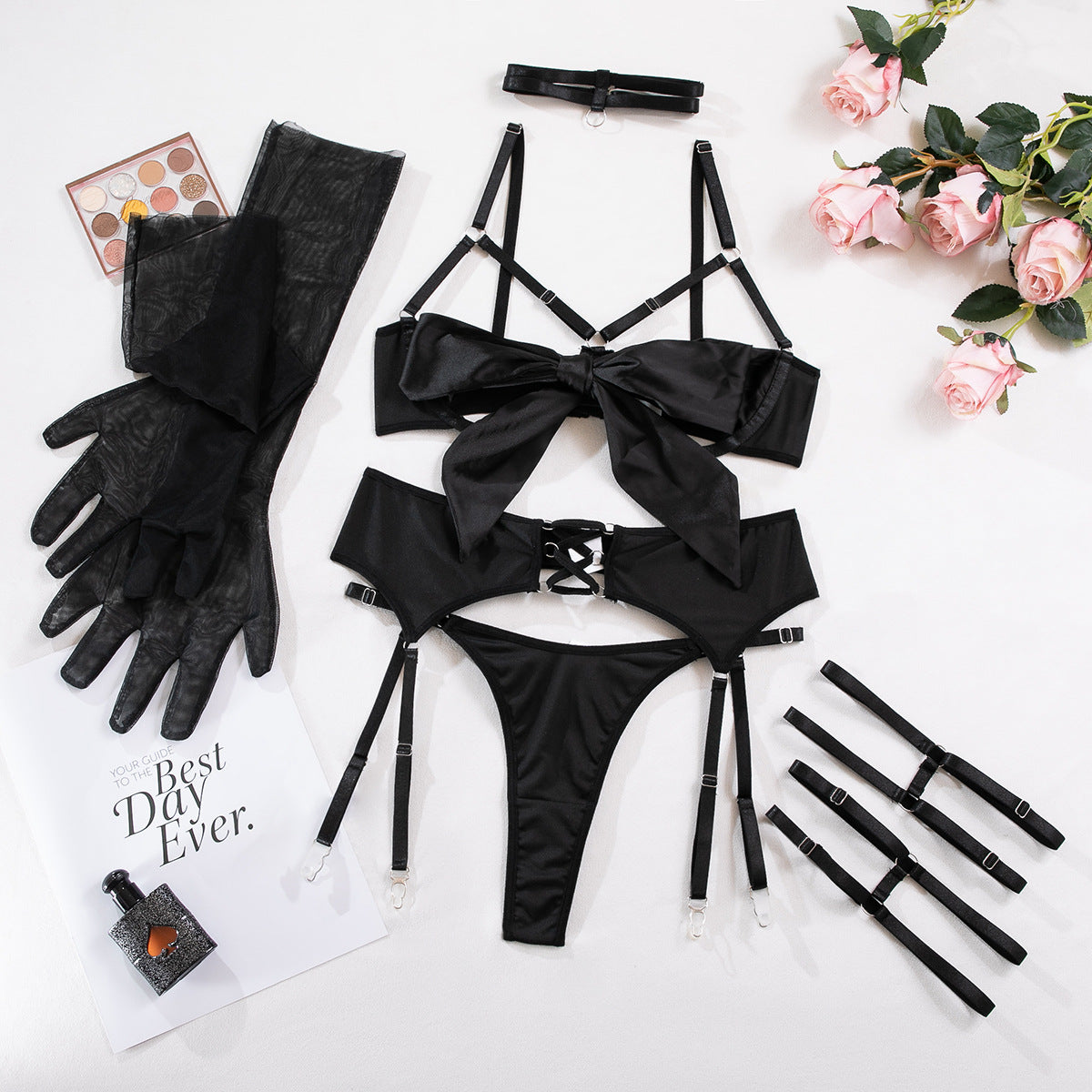 Set de lencería negra con moño
