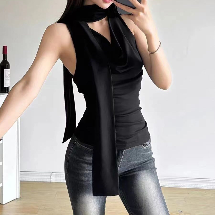 Blusa sin mangas con bufanda decorativa - Dressygt