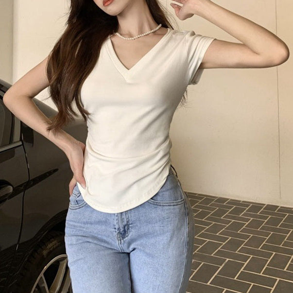 Blusa con cuello V y cintura fruncida - Dressygt