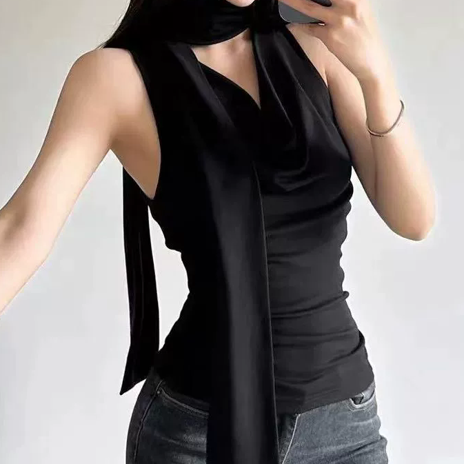 Blusa sin mangas con bufanda decorativa - Dressygt