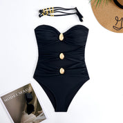 traje de baño con detalles dorados y falda larga - Dressygt