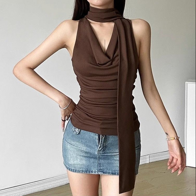 Blusa sin mangas con bufanda decorativa - Dressygt