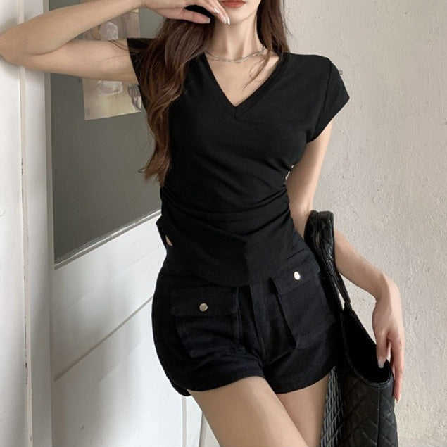 Blusa con cuello V y cintura fruncida - Dressygt