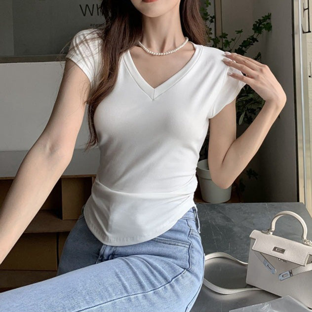 Blusa con cuello V y cintura fruncida - Dressygt