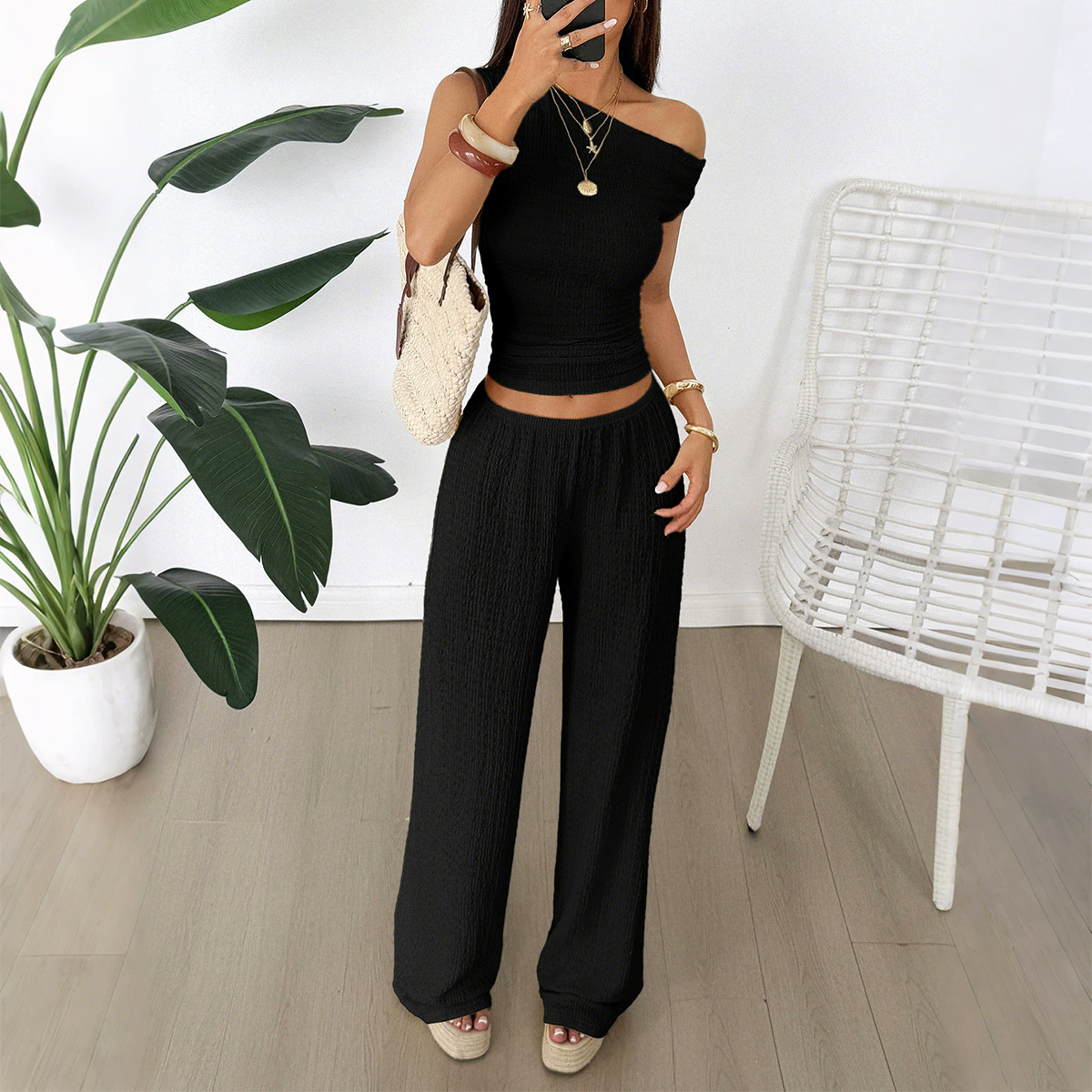 Conjunto casual de top asimétrico y pantalón palazzo - Dressygt