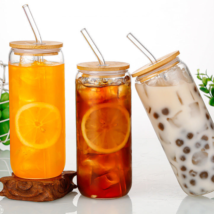 Set de 4 vasos de vidrio con tapa de bambú