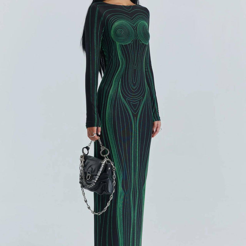 Vestido largo de manga larga stretch con silueta